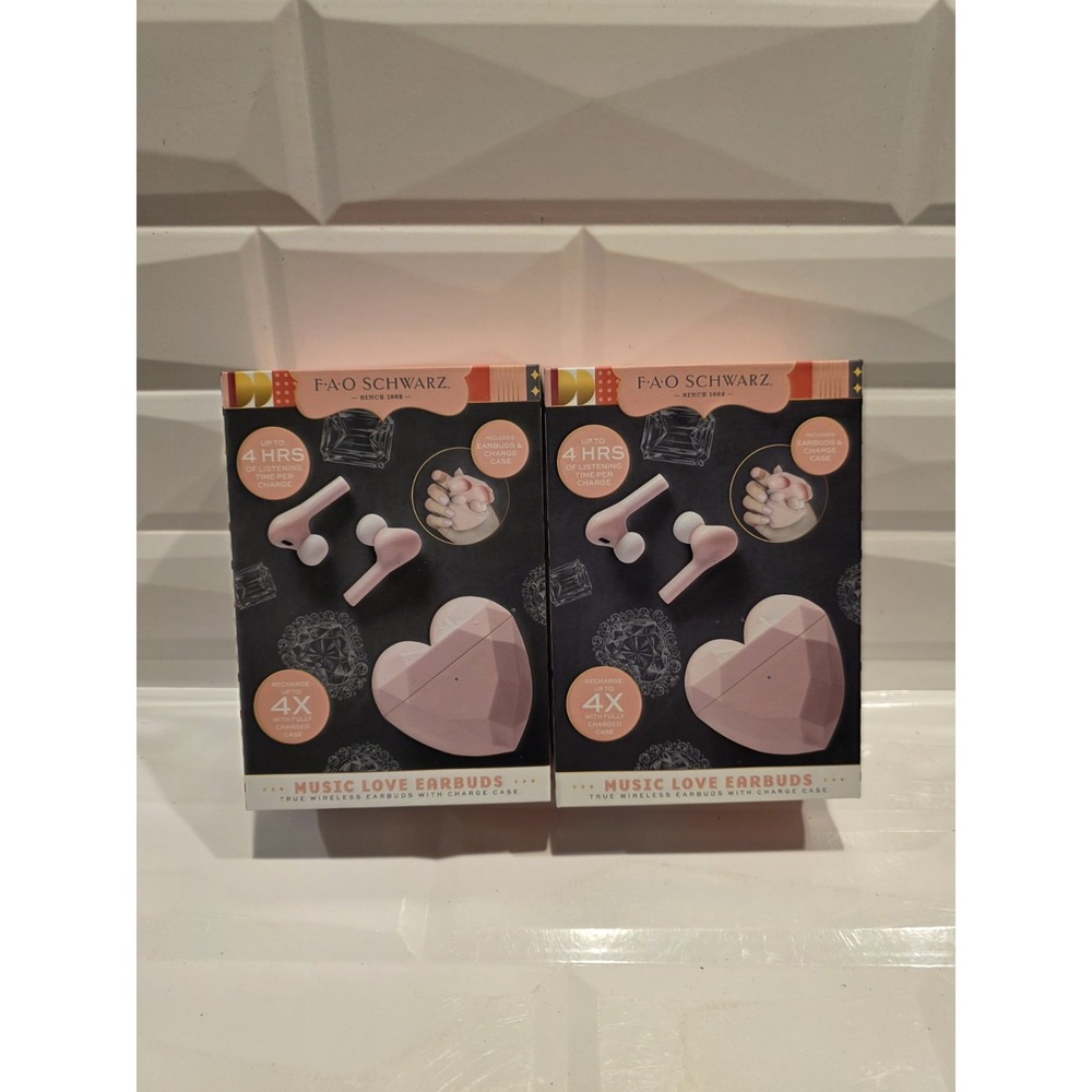 2 Pair "Music Love" Pink Wireless EarBuds Earphone Heart Shaped Case FAO Schwarz